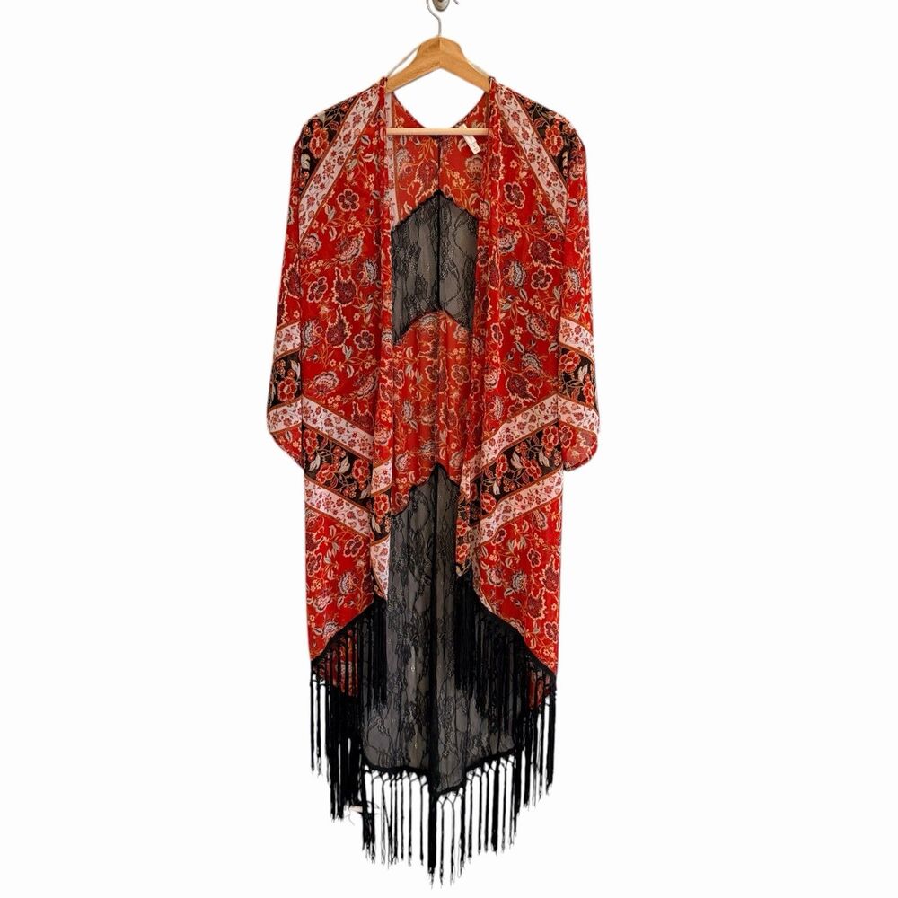 Boho Whimsigoth Floral Kimono Duster Cardigan Sz S Fringe Lace Festival Witchy